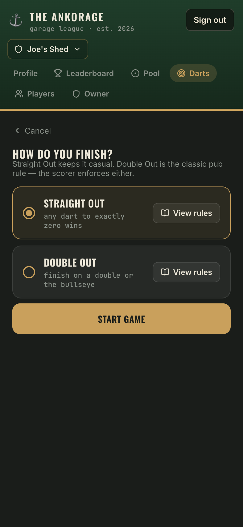 The darts setup screen showing 501/301 and finish rule options