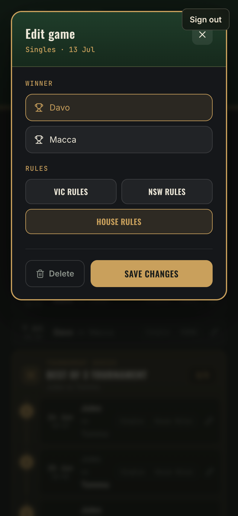 The edit game screen with winner and ruleset controls