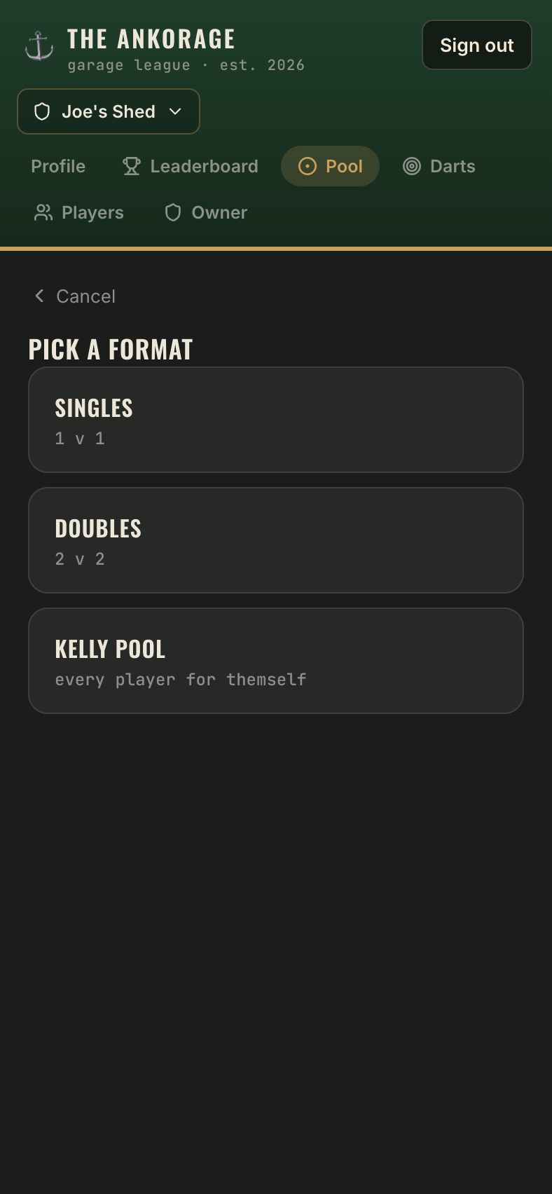 The pool format picker showing Singles, Doubles and Kelly Pool