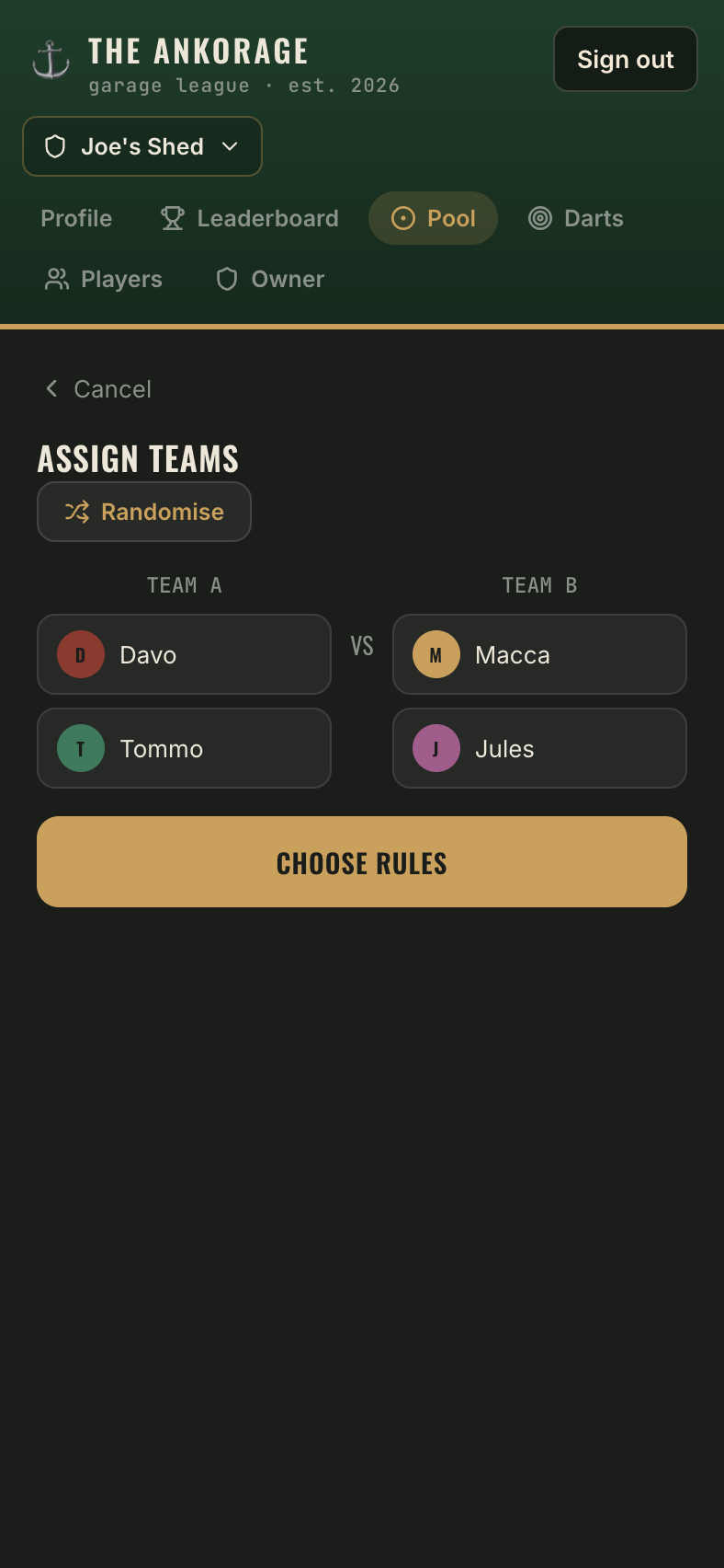 The assign teams screen with two team columns