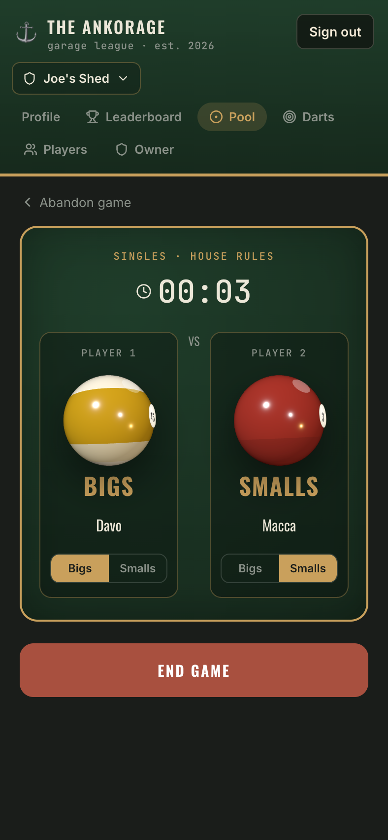 The live pool game screen with a running timer and bigs/smalls cards