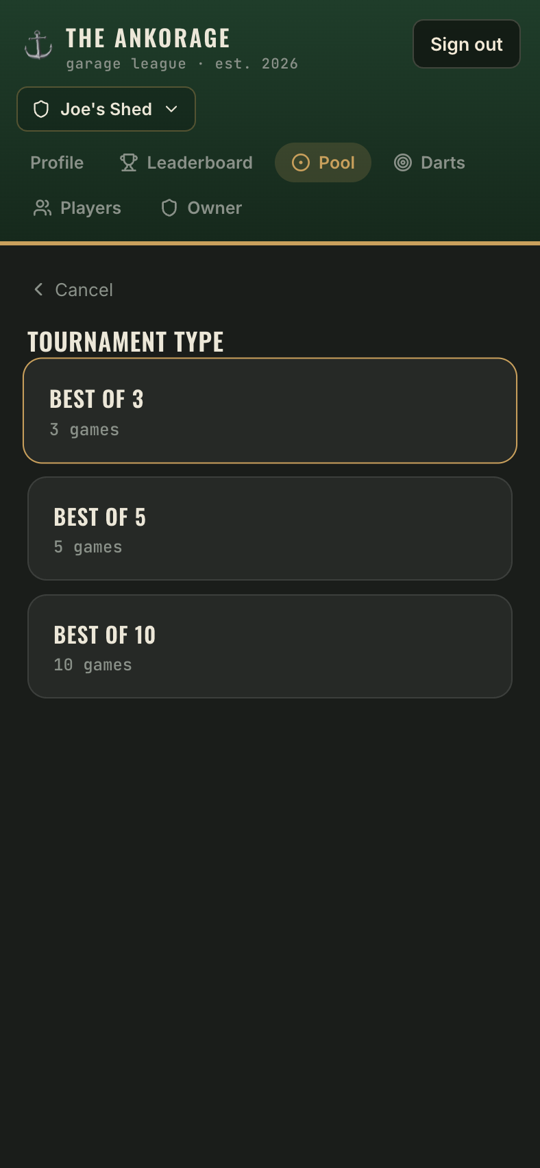 The tournament type screen showing best-of options