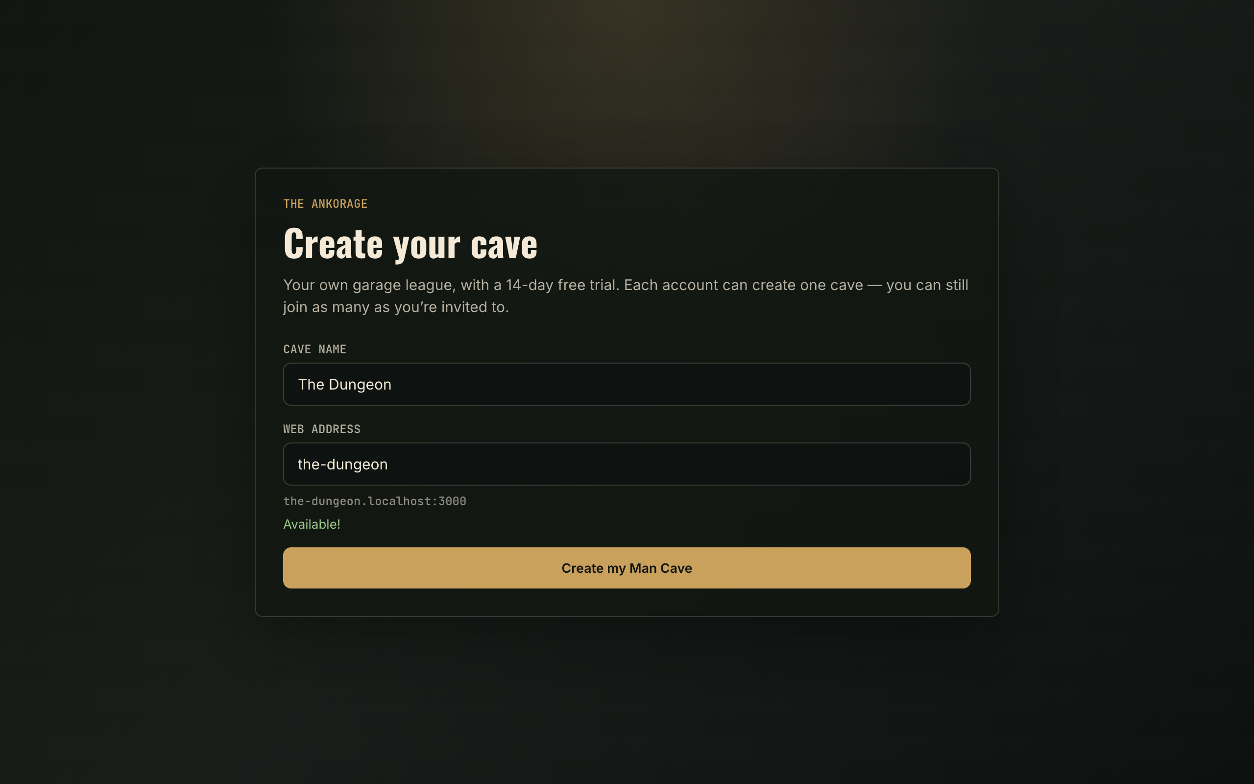 The create cave form with a cave name and web address field showing availability