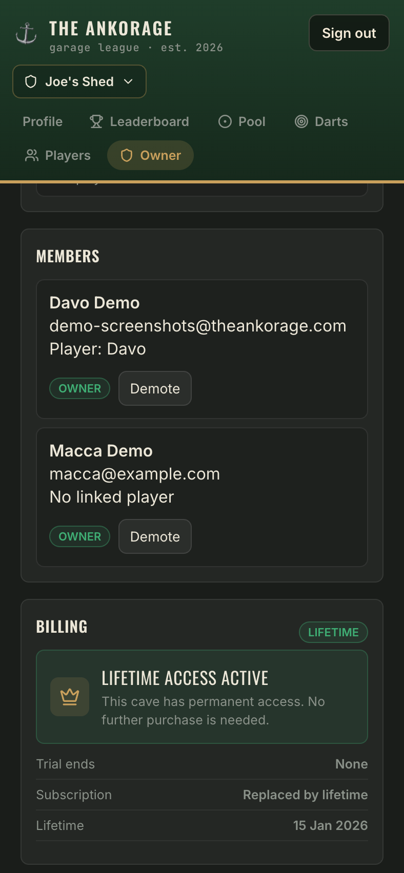 The billing panel showing plan status and subscribe buttons