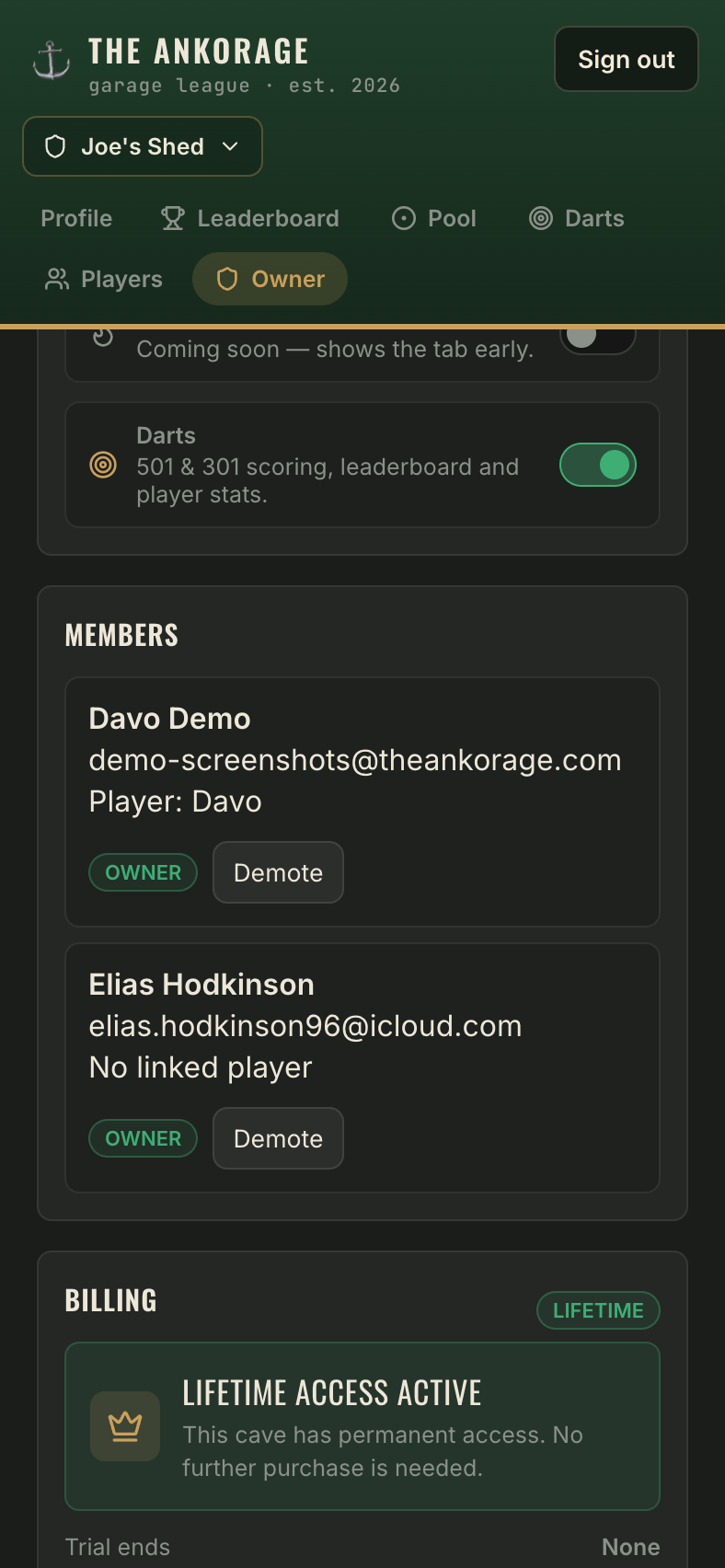 The cave features panel with toggles for pool, table tennis and darts