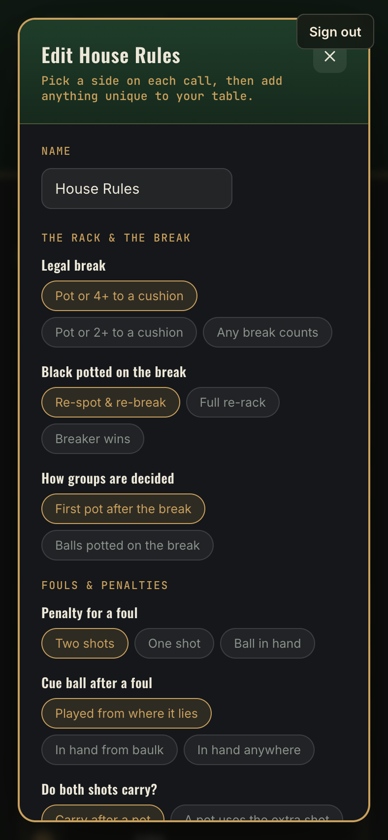 The ruleset editor showing grouped rule options with selectable choices