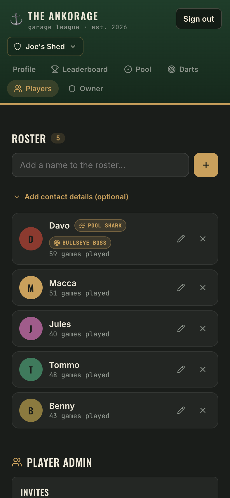 The roster grid showing player cards with avatars and games played