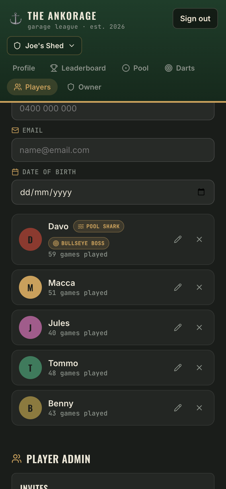 The add player form with the optional contact details section expanded
