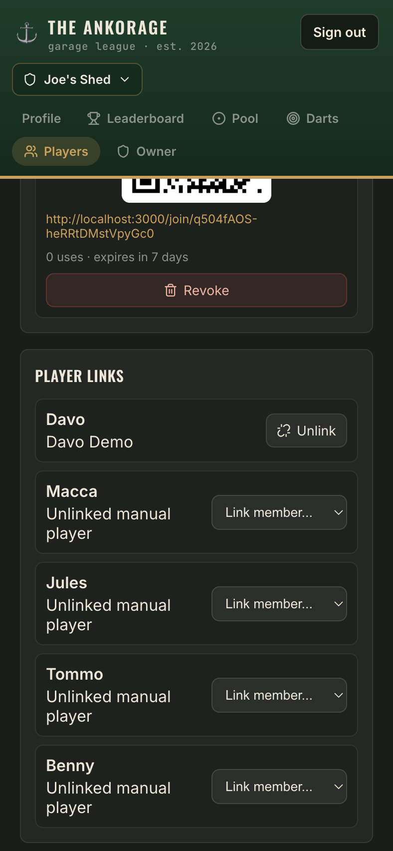 The player links panel with a Link member dropdown next to each player