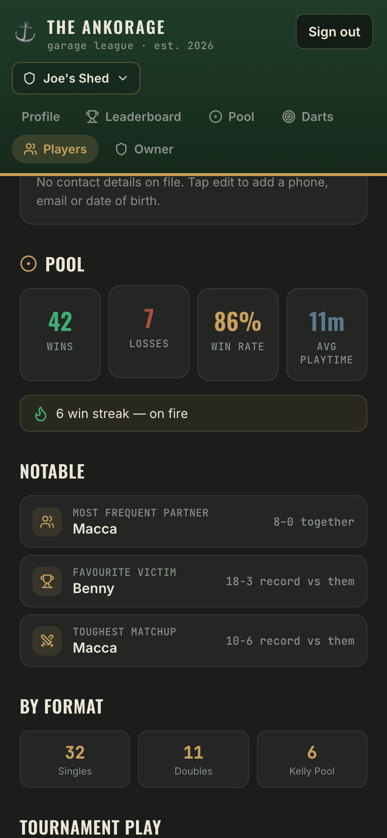 A player profile showing win/loss record, streaks and notable stats